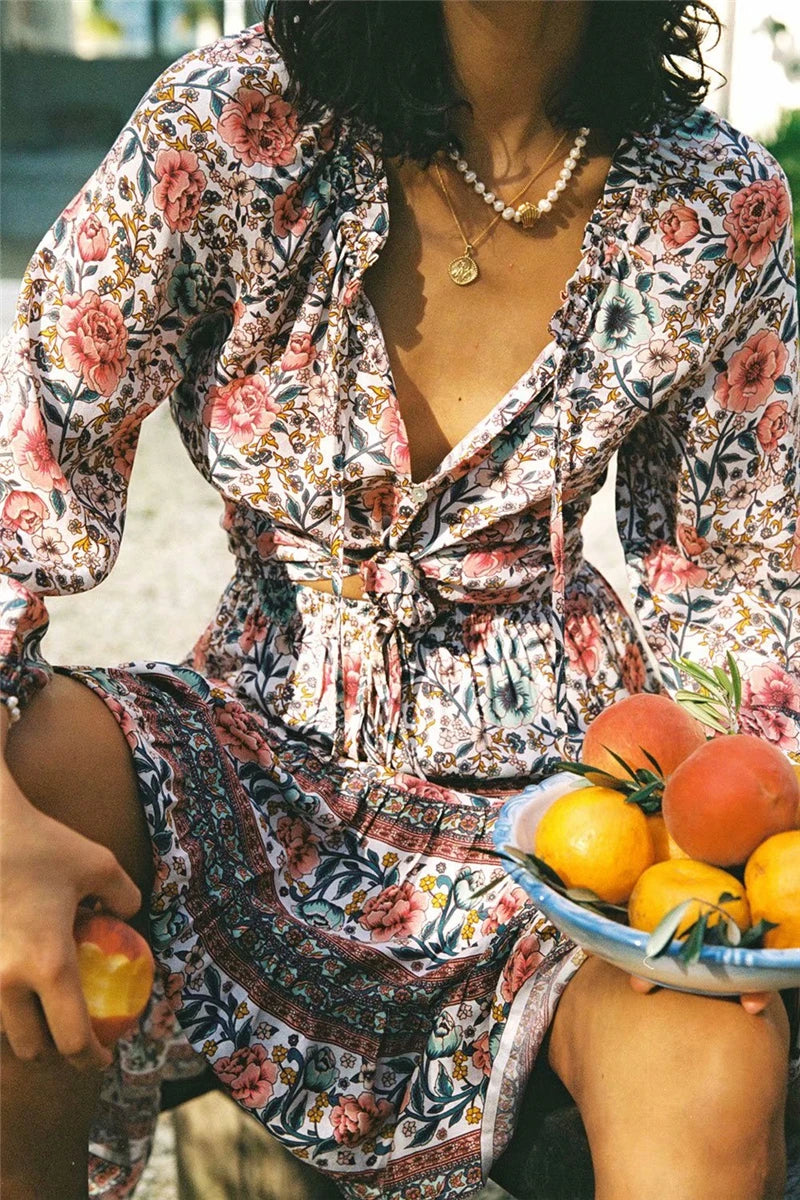 Boho Floral Button-Up Blouse – Rayon Cotton Blend