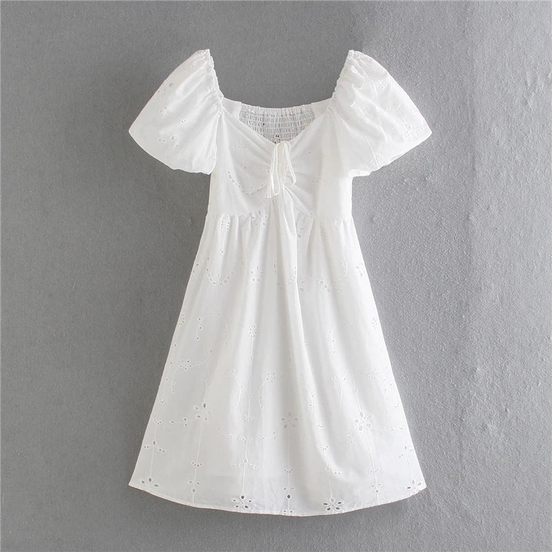 White Cotton Lace Puff Sleeve Mini Dress