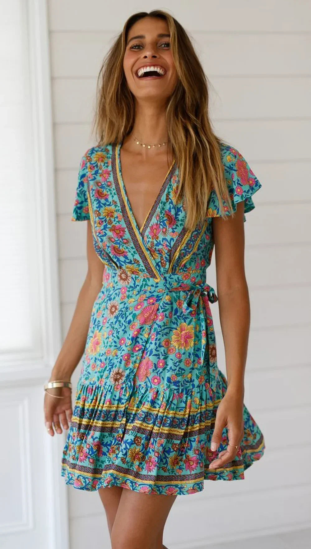 Boho Flutter Sleeve Tiered Mini Dress