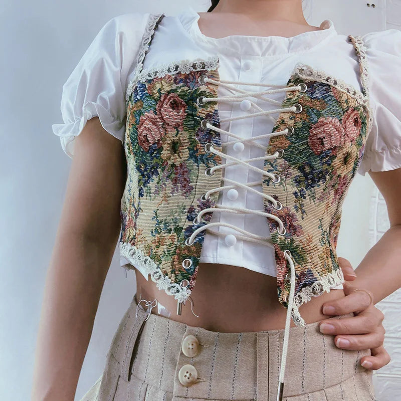 Boho Floral Lace-Up Corset Crop Top – Adjustable Fit