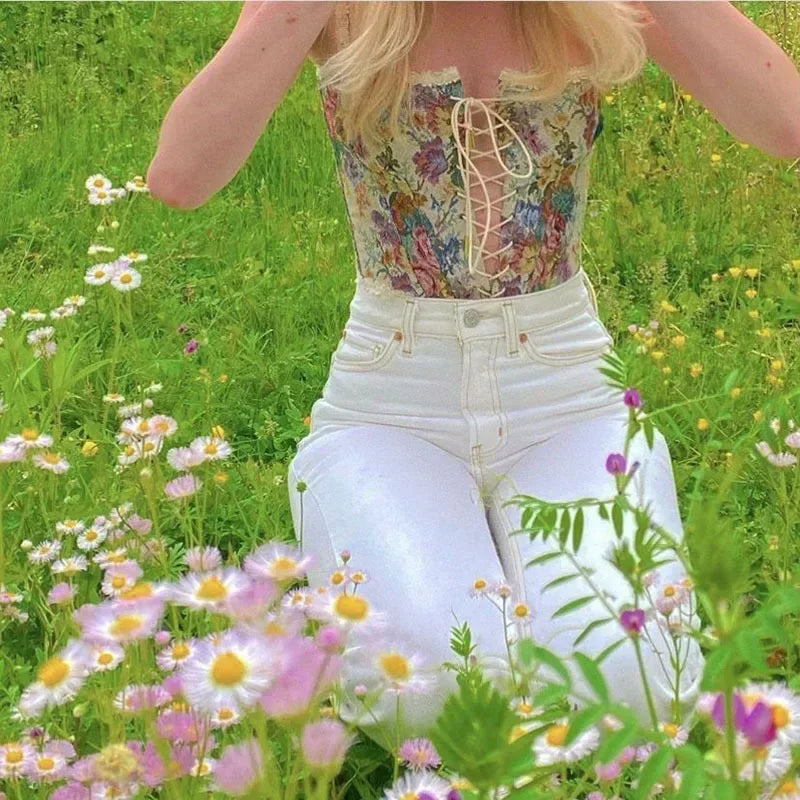 Boho Floral Lace-Up Corset Crop Top – Adjustable Fit