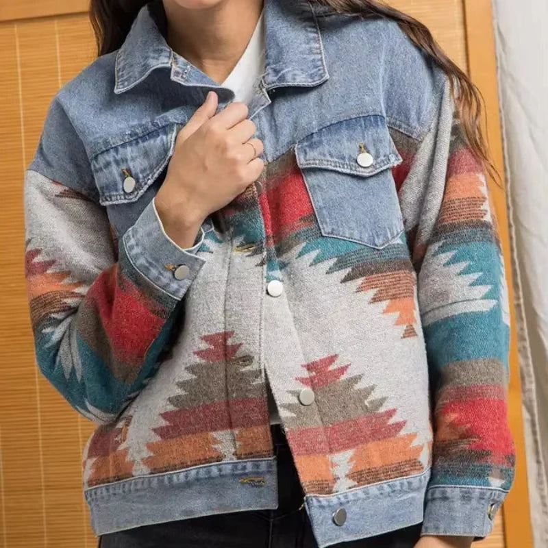 Boho Aztec Patchwork Denim Jacket