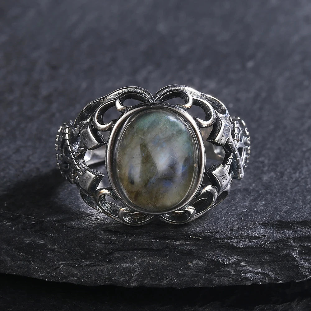 π Natural Labradorite 925 Silver Statement Ring