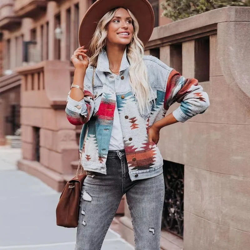 Boho Aztec Patchwork Denim Jacket