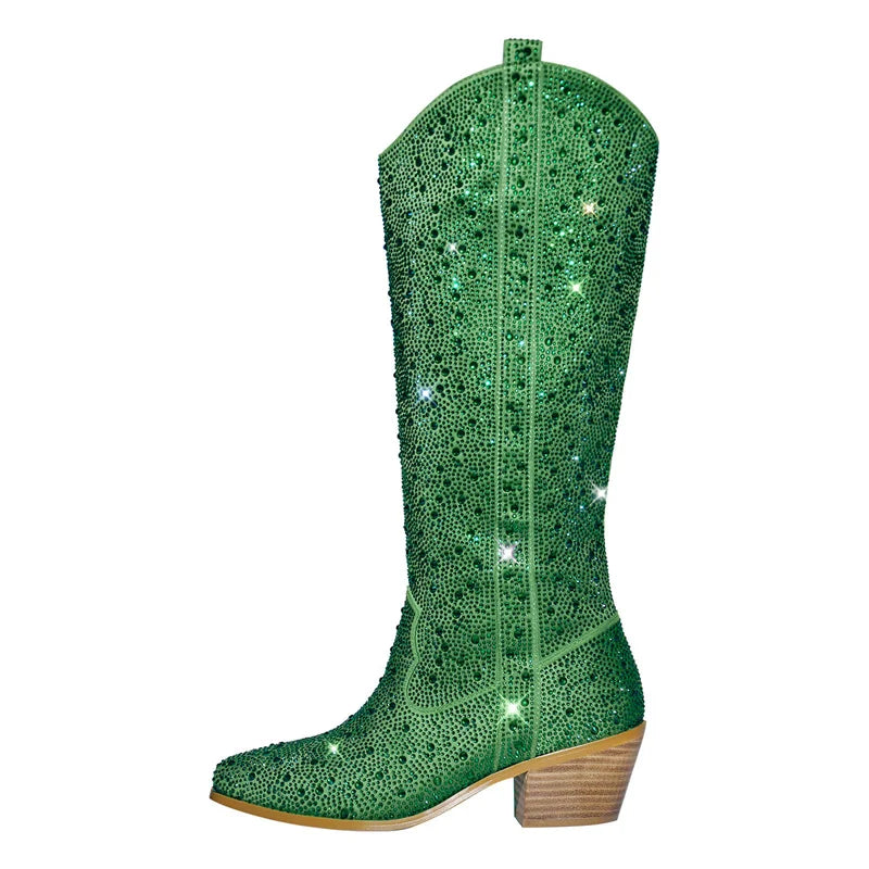 Green Rhinestone Cowgirl Boots – Star Cutout Western Mid-Calf Boots