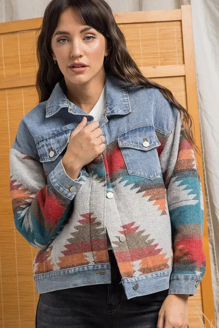 Boho Aztec Patchwork Denim Jacket