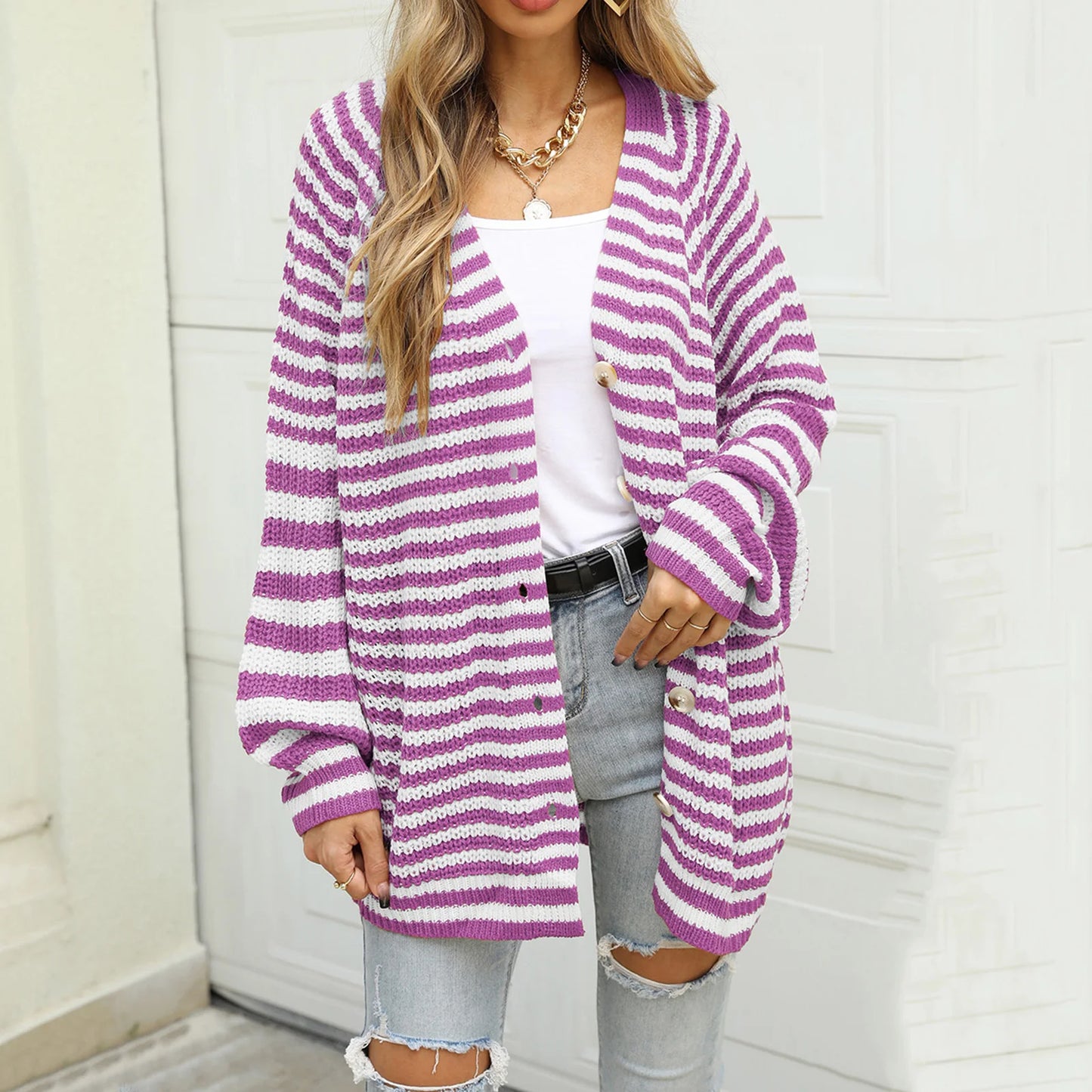 Boho Striped Breeze Button Cardigan