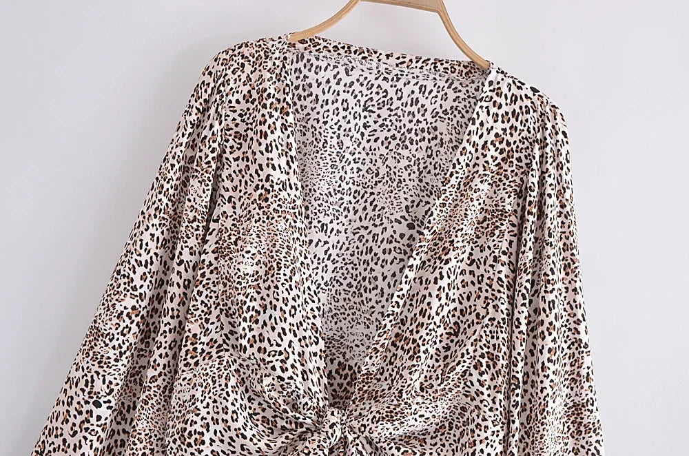 Boho Leopard Tie-Front Blouse – Rayon Cotton Blend