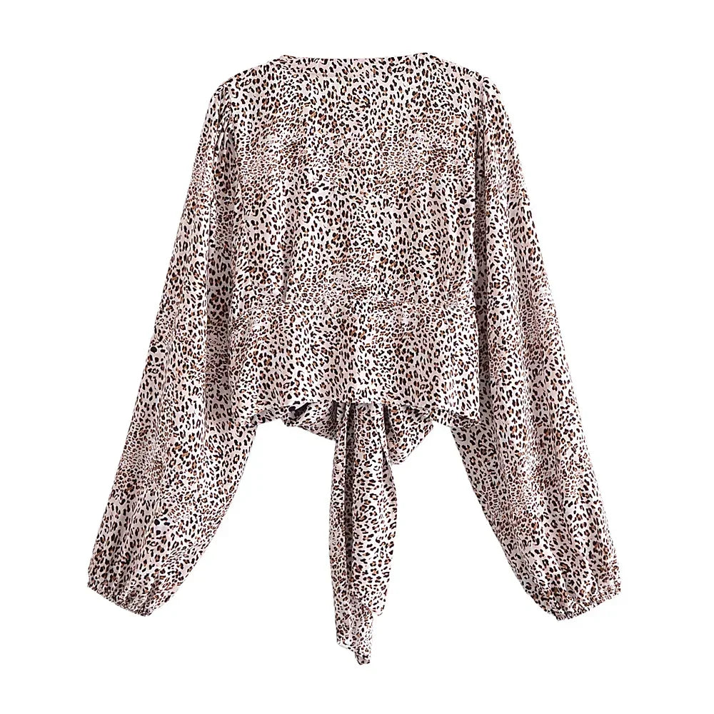 Boho Leopard Tie-Front Blouse – Rayon Cotton Blend