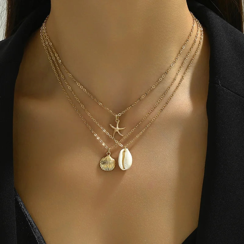 Boho Shell Pendant Necklace – Layered Gold Beach Jewelry