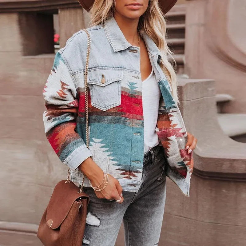 Boho Aztec Patchwork Denim Jacket