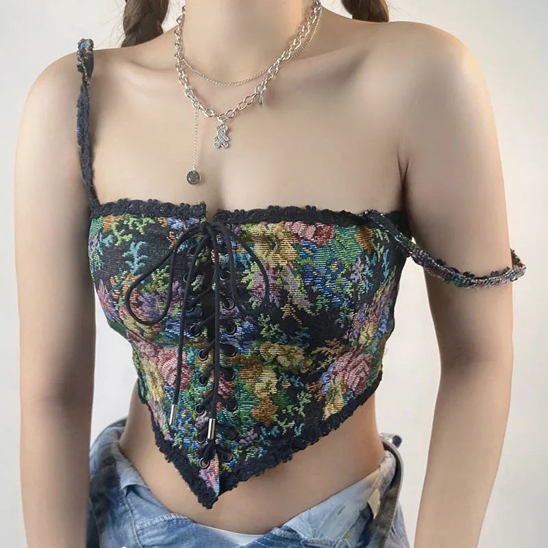 Boho Floral Lace-Up Corset Crop Top – Adjustable Fit