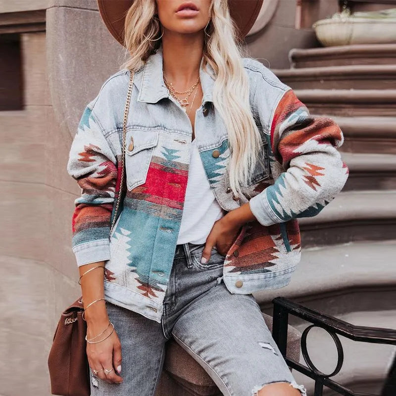 Boho Aztec Patchwork Denim Jacket