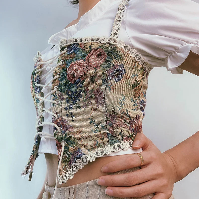 Boho Floral Lace-Up Corset Crop Top – Adjustable Fit