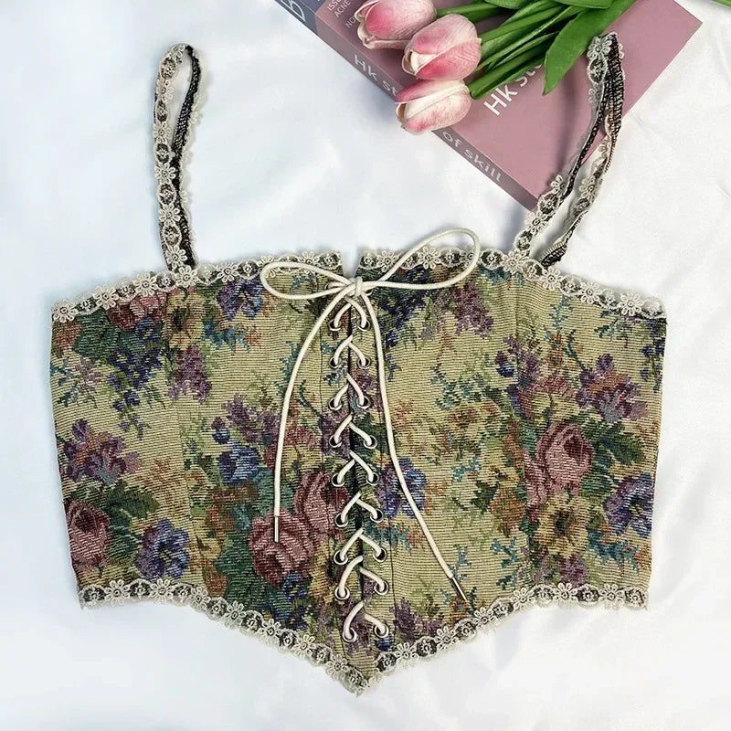 Boho Floral Lace-Up Corset Crop Top – Adjustable Fit