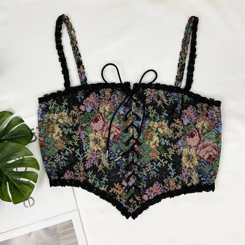 Boho Floral Lace-Up Corset Crop Top – Adjustable Fit