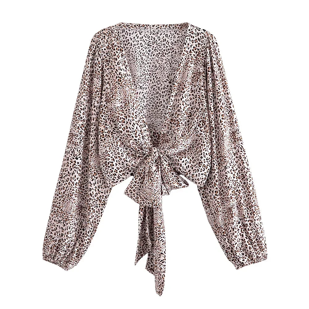 Boho Leopard Tie-Front Blouse – Rayon Cotton Blend