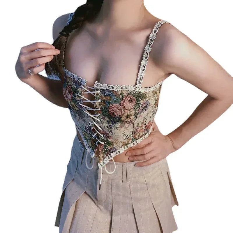 Boho Floral Lace-Up Corset Crop Top – Adjustable Fit