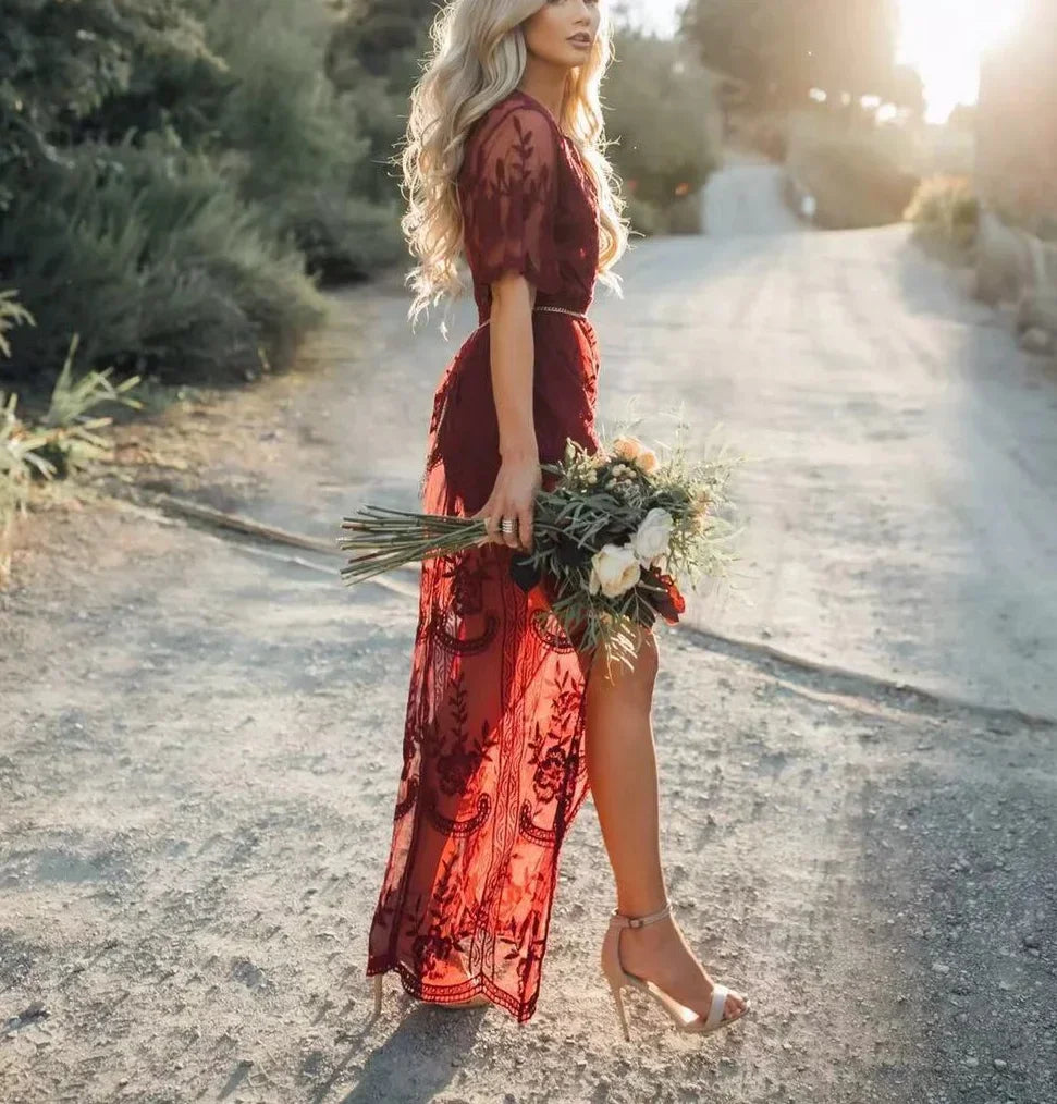 Scarlet Muse: Boho Lace Maxi Dress with Thigh-High Slit