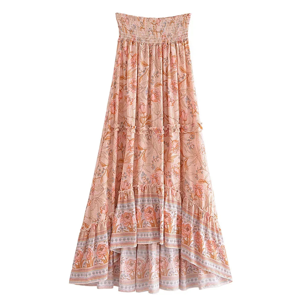 Boho Floral Peacock Print Maxi Skirt – High Waist A-Line Beach Skirt
