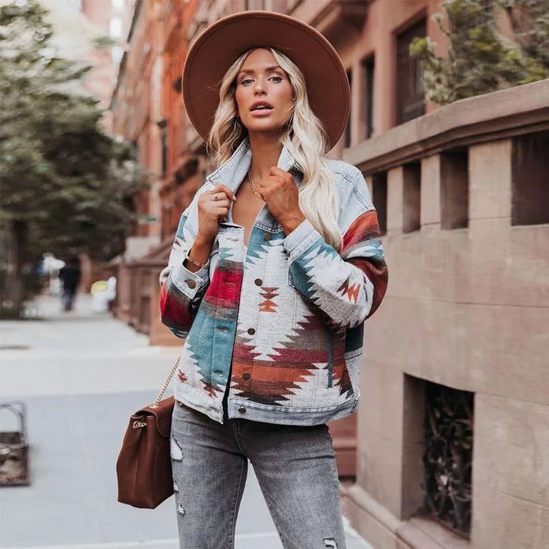 Boho Aztec Patchwork Denim Jacket