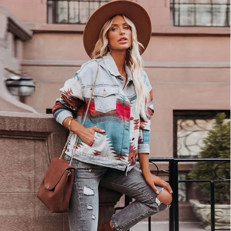 Boho Aztec Patchwork Denim Jacket