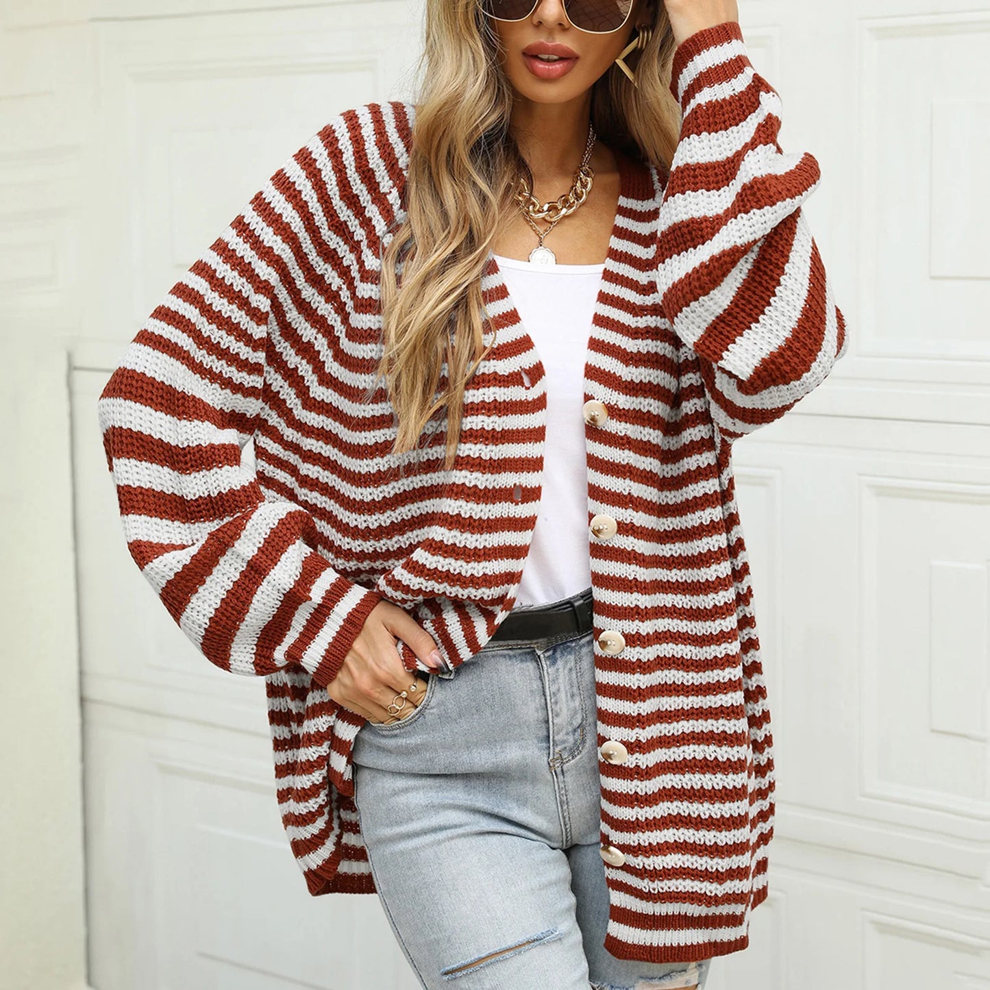 Boho Striped Breeze Button Cardigan