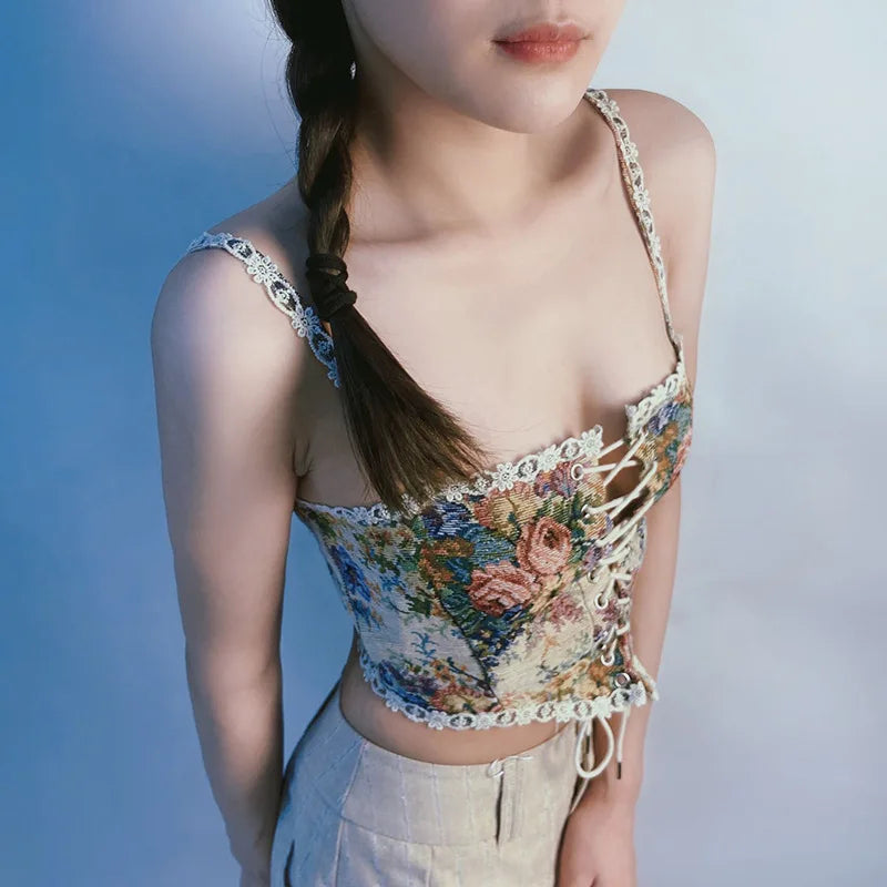 Boho Floral Lace-Up Corset Crop Top – Adjustable Fit