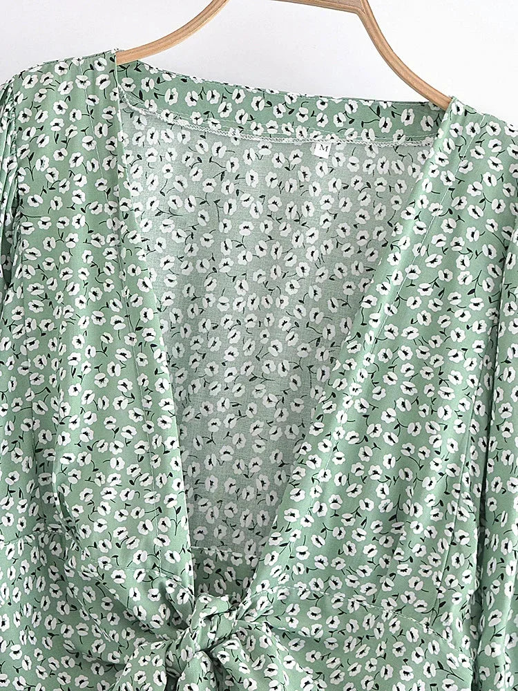 Boho Green Tie-Front Blouse – Rayon Cotton Blend