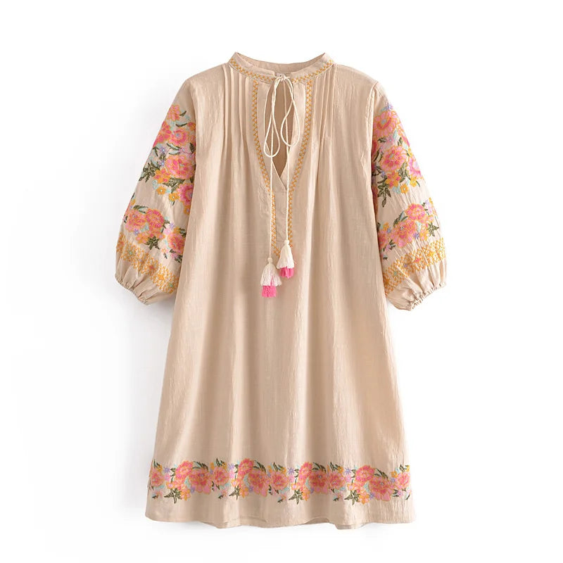 Boho Embroidered Linen Mini Dress – Loose Fit with Balloon Sleeves
