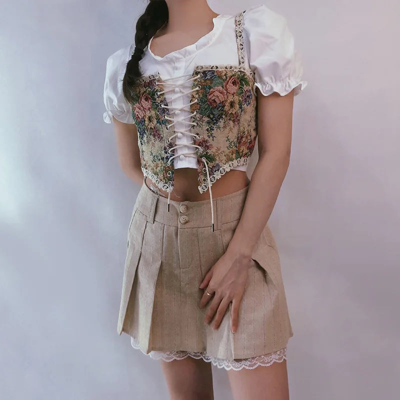 Boho Floral Lace-Up Corset Crop Top – Adjustable Fit