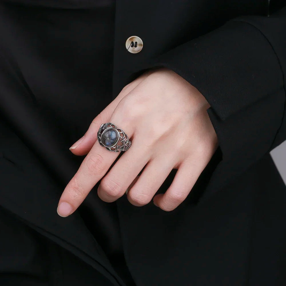 π Natural Labradorite 925 Silver Statement Ring