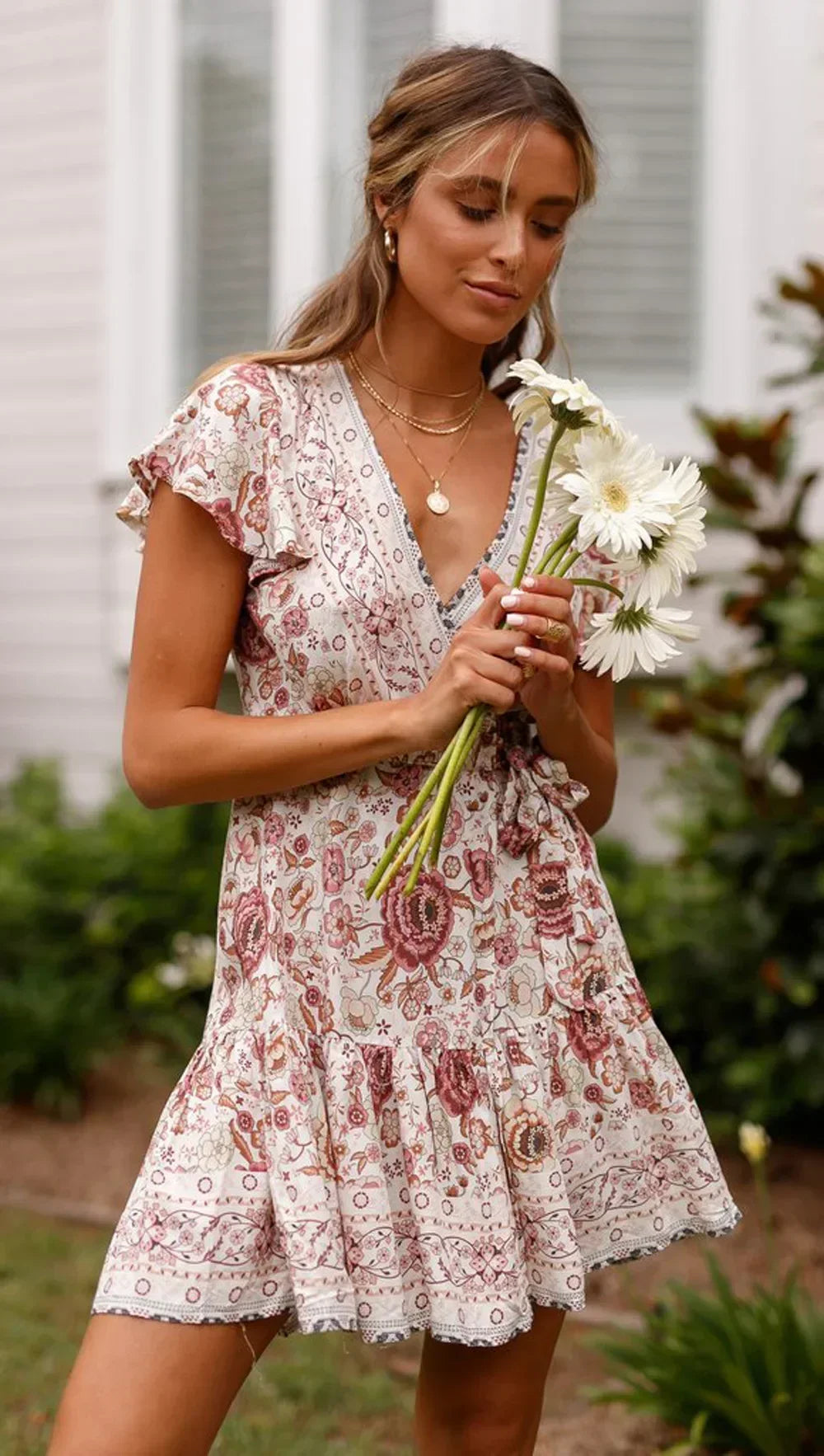 Boho Flutter Sleeve Tiered Mini Dress