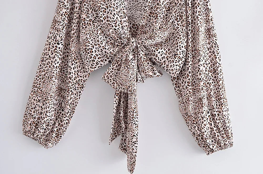 Boho Leopard Tie-Front Blouse – Rayon Cotton Blend