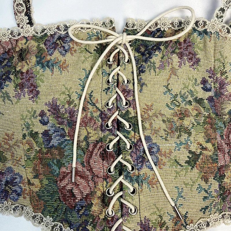 Boho Floral Lace-Up Corset Crop Top – Adjustable Fit