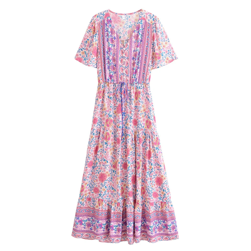 Pastel Bloom: Boho Floral Flutter Sleeve Maxi Dress