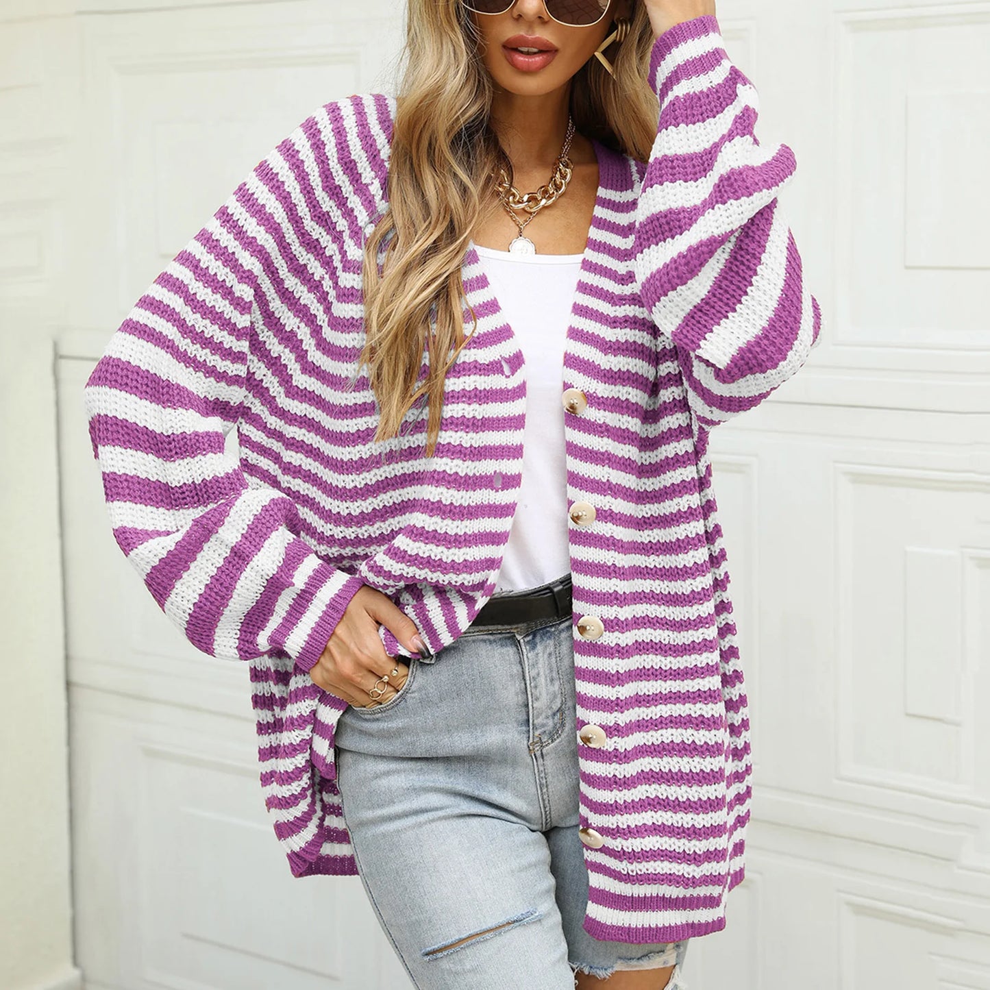 Boho Striped Breeze Button Cardigan