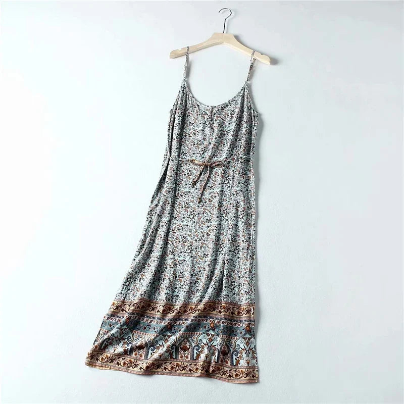 Tropical Breeze: Boho Print Sundress with Border Hem