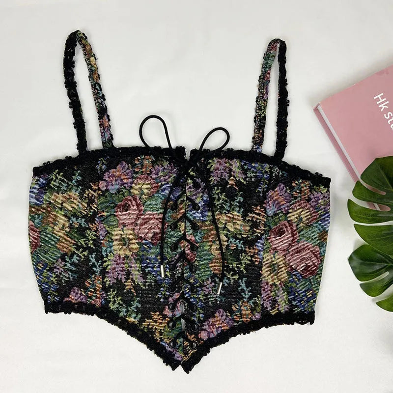 Boho Floral Lace-Up Corset Crop Top – Adjustable Fit