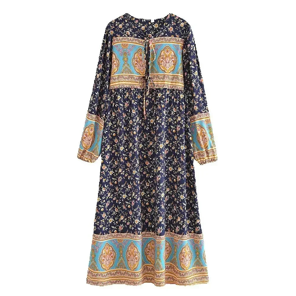 Prairie Dreamer: Boho Floral Print Long-Sleeve Maxi Dress