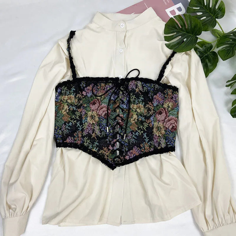 Boho Floral Lace-Up Corset Crop Top – Adjustable Fit