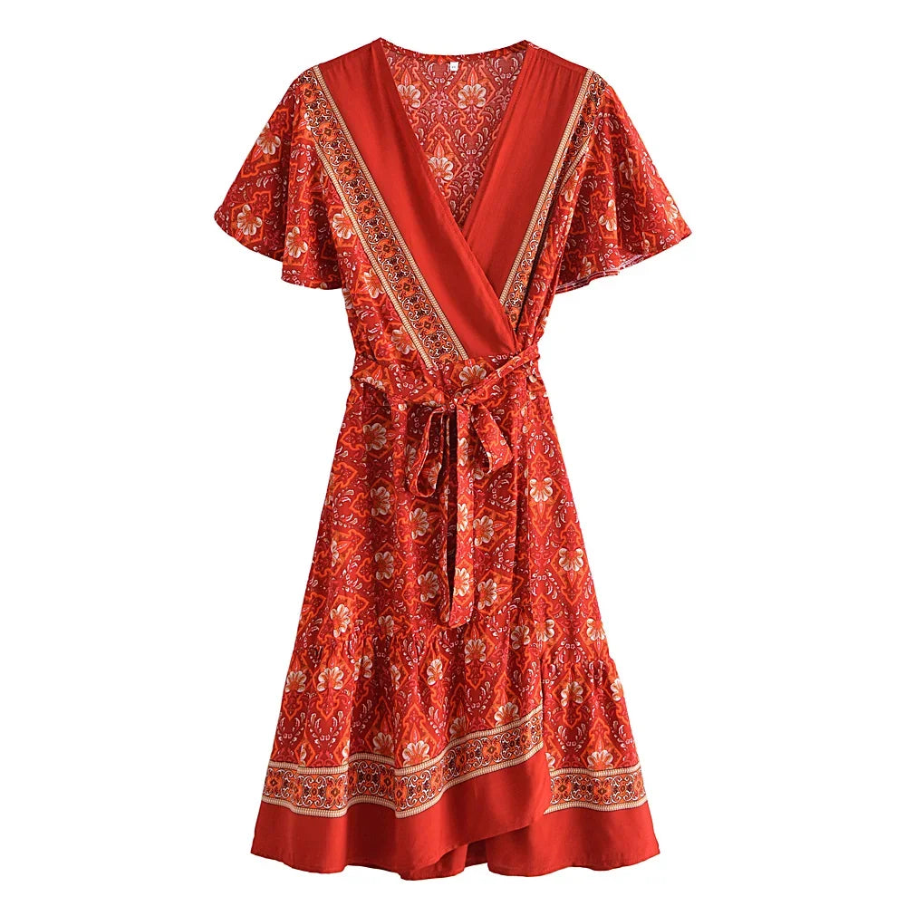 Crimson Bloom: Boho Floral Wrap-Style Mini Dress