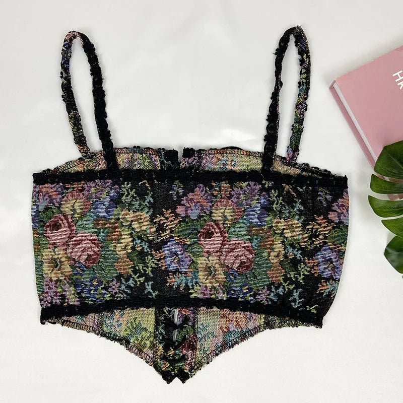 Boho Floral Lace-Up Corset Crop Top – Adjustable Fit
