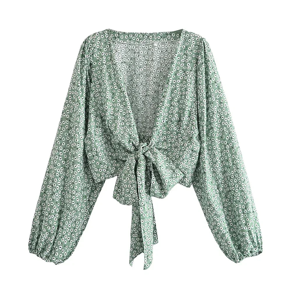 Boho Green Tie-Front Blouse – Rayon Cotton Blend
