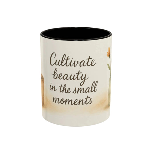 "Cultivate Beauty" Floral Quote Mug – Ceramic Boho Coffee Cup