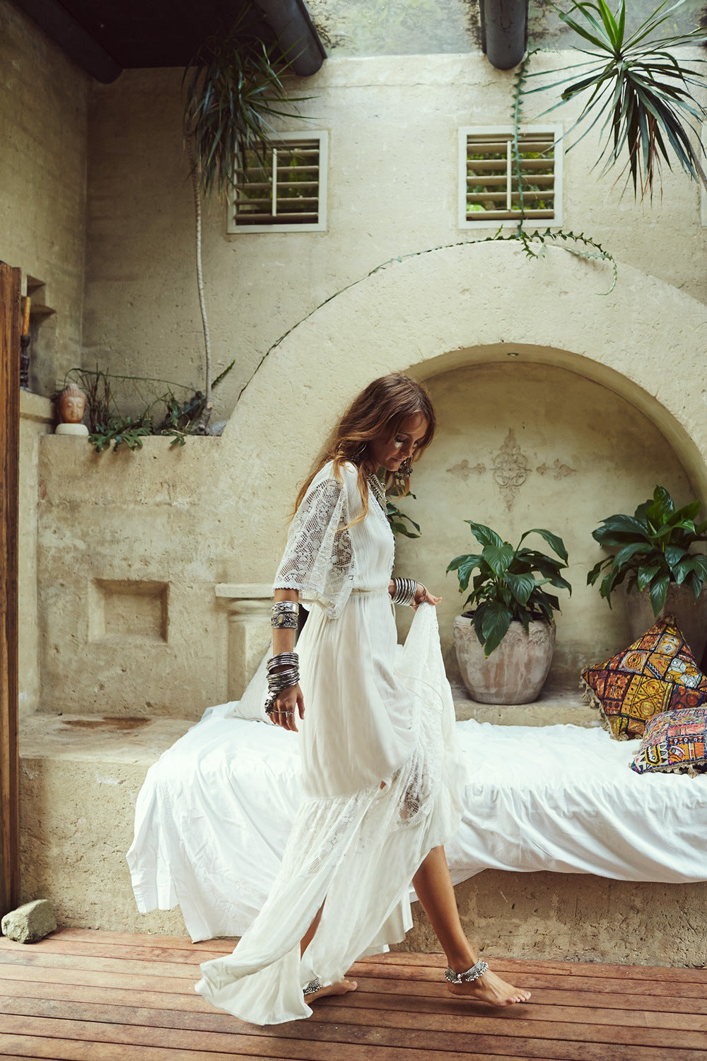 Boho Luxe White Cotton Maxi Dress – One Size