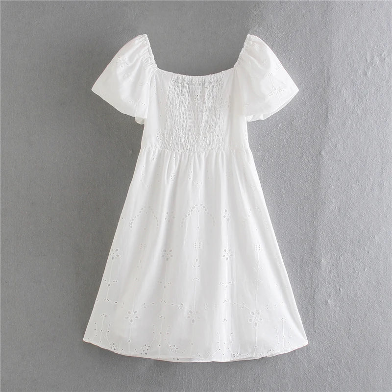 White Cotton Lace Puff Sleeve Mini Dress
