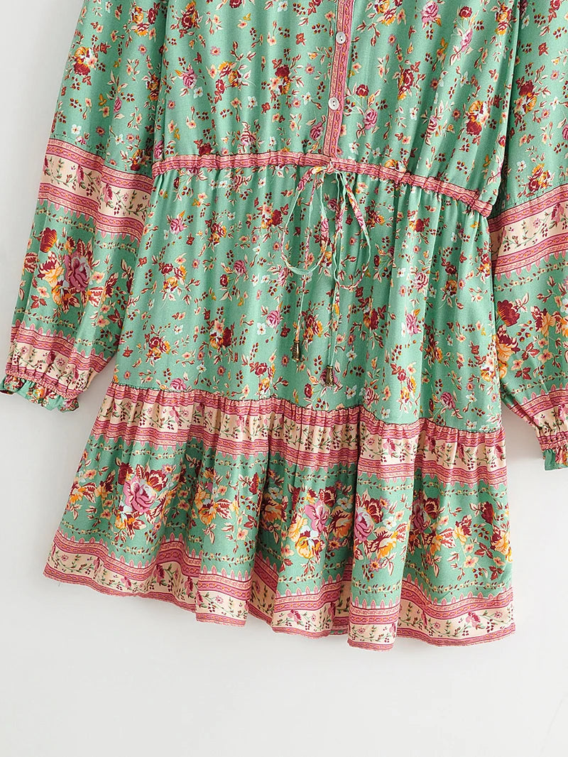 Meadowsweet: Boho Floral Long-Sleeve Mini Dress