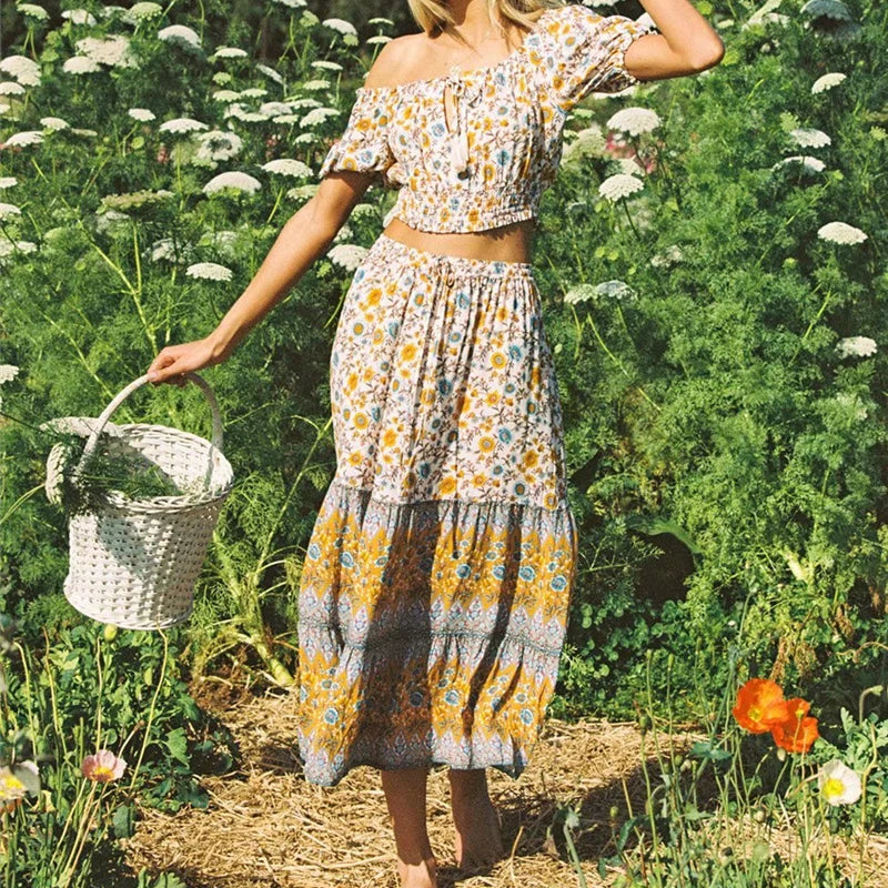 Sunpetal Fields Tiered Boho Maxi Skirt