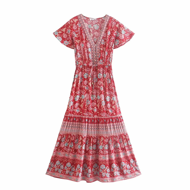 Boho Floral Button-Front Maxi Dress – Cotton &amp; Rayon Blend